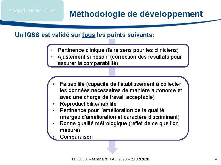 Rappel sur les IQSS Méthodologie de développement Un IQSS est validé sur tous les