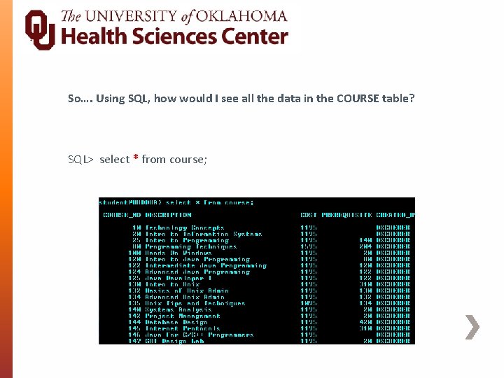 So…. Using SQL, how would I see all the data in the COURSE table?