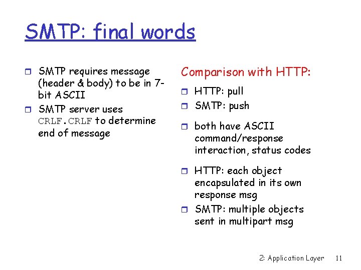 SMTP: final words r SMTP requires message (header & body) to be in 7