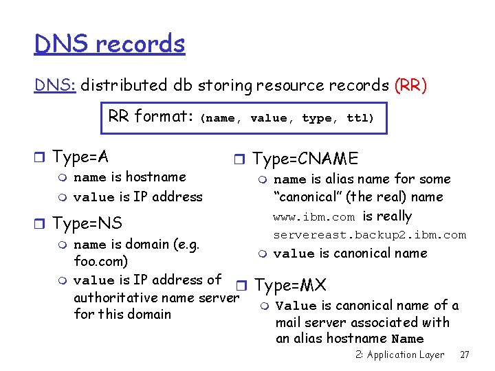 DNS records DNS: distributed db storing resource records (RR) RR format: (name, value, type,