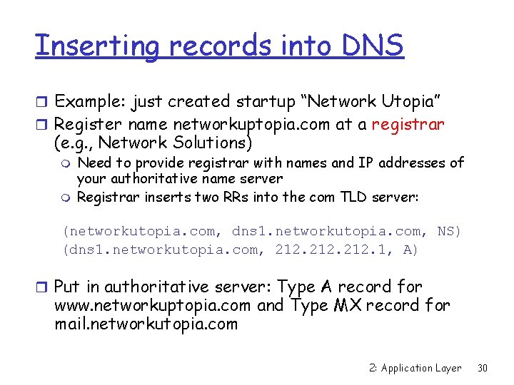 Inserting records into DNS r Example: just created startup “Network Utopia” r Register name