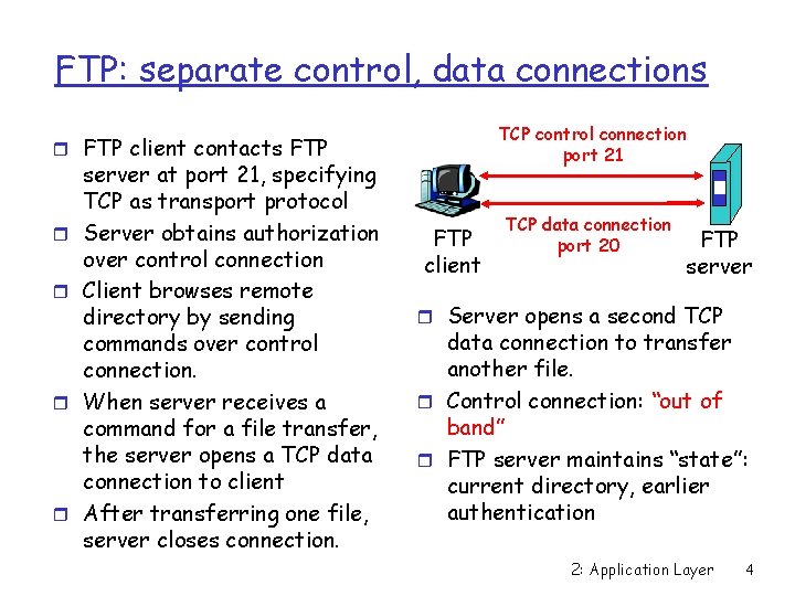 FTP: separate control, data connections TCP control connection port 21 r FTP client contacts