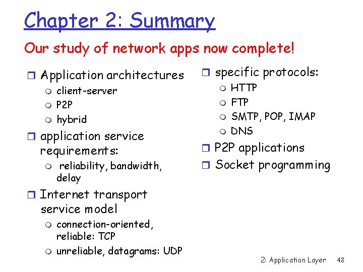 Chapter 2: Summary Our study of network apps now complete! r Application architectures m