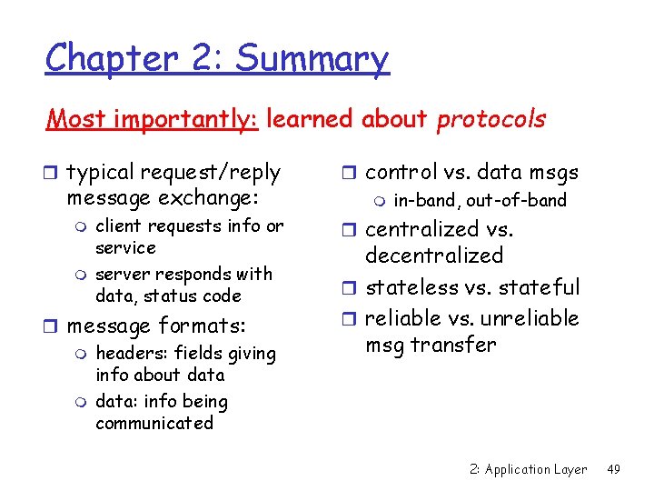 Chapter 2: Summary Most importantly: learned about protocols r typical request/reply message exchange: m