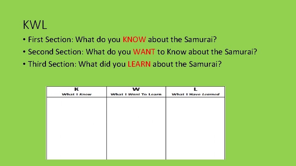 KWL • First Section: What do you KNOW about the Samurai? • Second Section: