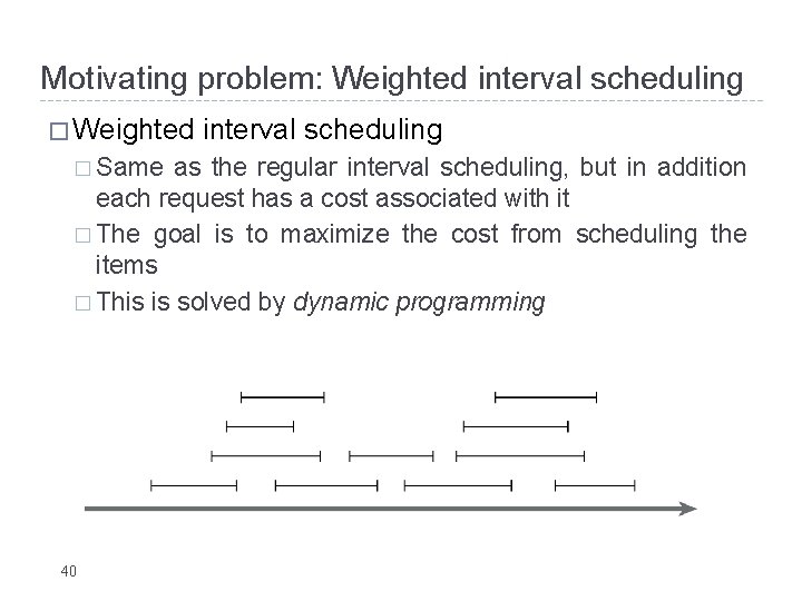 Motivating problem: Weighted interval scheduling � Weighted � Same interval scheduling as the regular Motivating problem: Weighted interval scheduling � Weighted � Same interval scheduling as the regular