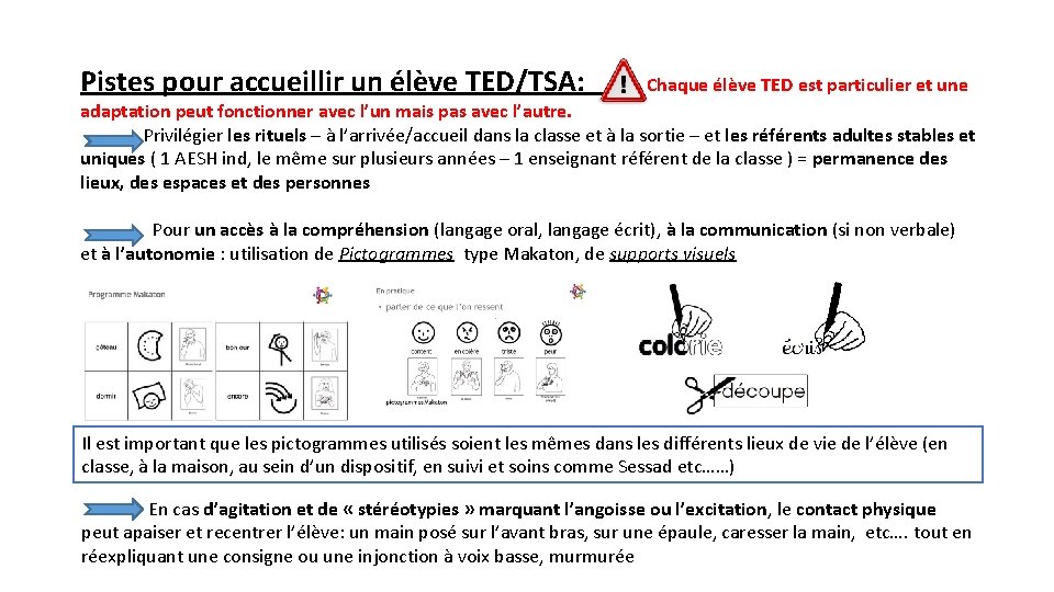 Pistes pour accueillir un élève TED/TSA: Chaque élève TED est particulier et une adaptation