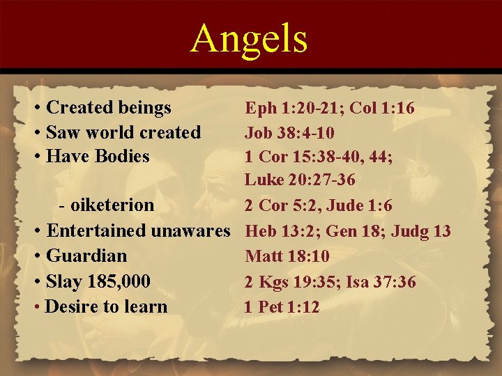 Angels • Created beings • Saw world created • Have Bodies Eph 1: 20