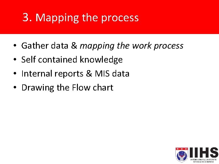 3. Mapping the process • • Gather data & mapping the work process Self