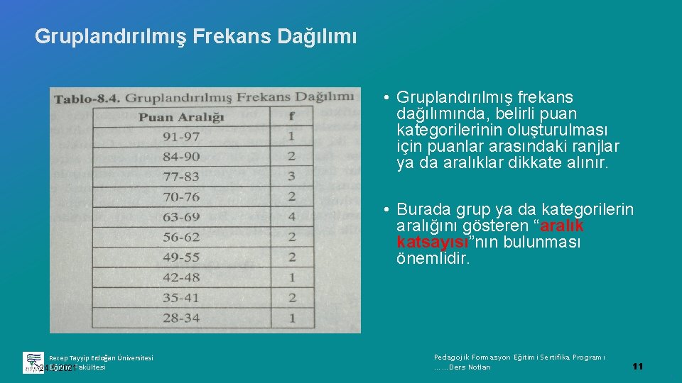 Gruplandırılmış Frekans Dağılımı • Gruplandırılmış frekans dağılımında, belirli puan kategorilerinin oluşturulması için puanlar arasındaki