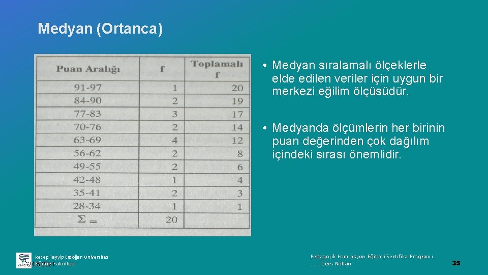 Medyan (Ortanca) • Medyan sıralamalı ölçeklerle elde edilen veriler için uygun bir merkezi eğilim