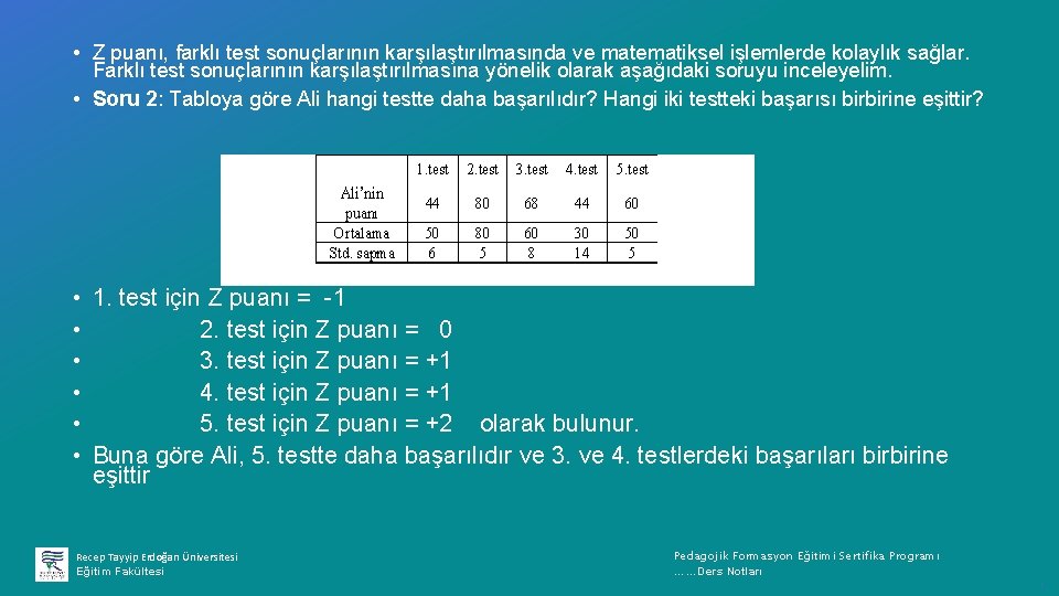  • Z puanı, farklı test sonuçlarının karşılaştırılmasında ve matematiksel işlemlerde kolaylık sağlar. Farklı