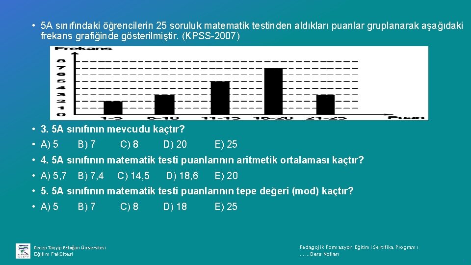  • 5 A sınıfındaki öğrencilerin 25 soruluk matematik testinden aldıkları puanlar gruplanarak aşağıdaki