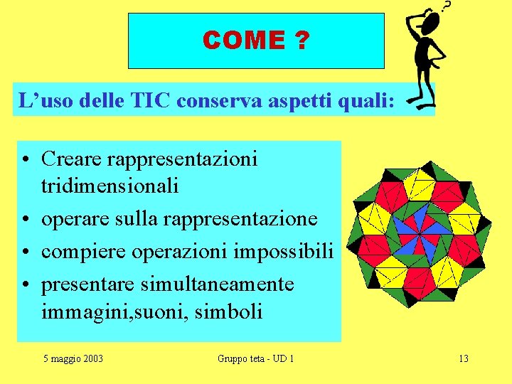 COME ? L’uso delle TIC conserva aspetti quali: • Creare rappresentazioni tridimensionali • operare