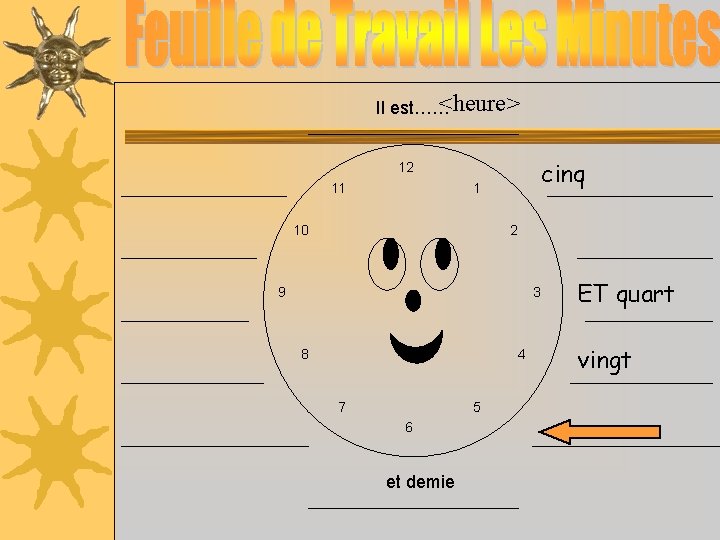 <heure> Il est…… cinq 12 11 1 10 2 9 3 8 4 7