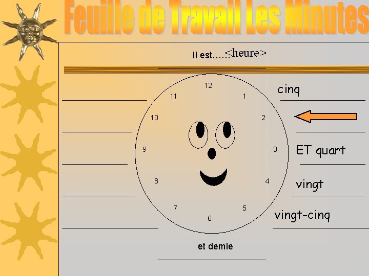 <heure> Il est…… cinq 12 11 1 10 2 9 3 8 4 7