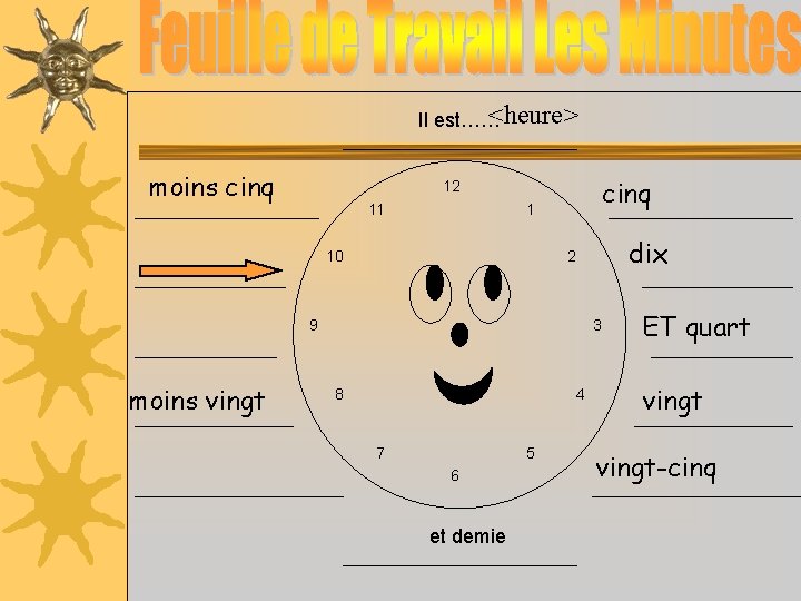 <heure> Il est…… moins cinq 12 11 1 10 9 moins vingt dix 2
