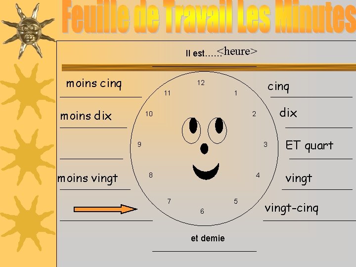 <heure> Il est…… moins cinq 12 11 moins dix 1 10 9 moins vingt