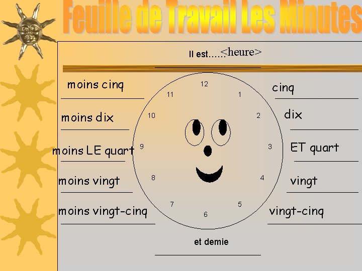 <heure> Il est…… moins cinq 11 moins dix moins LE quart cinq 12 1