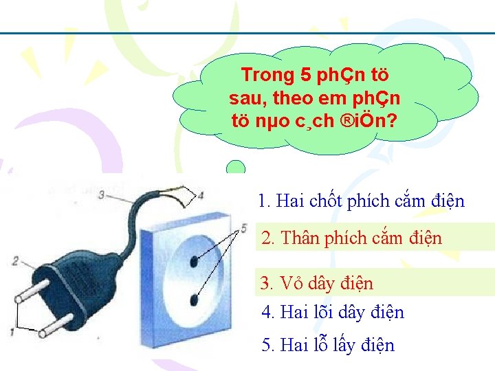 Trong 5 phÇn tö sau, theo em phÇn tö nµo c¸ch ®iÖn? 1. Hai