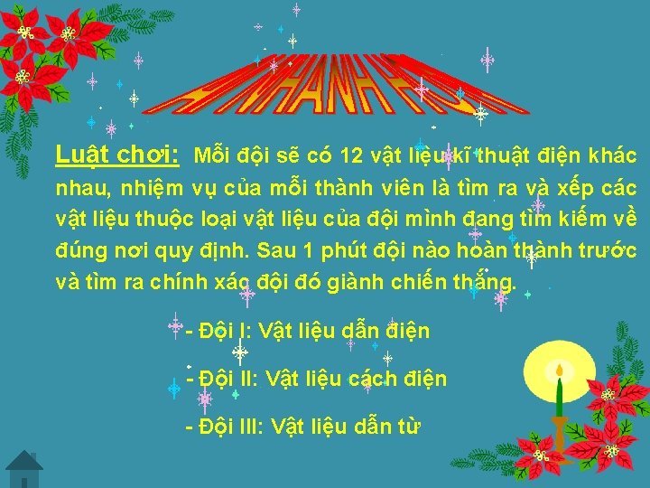 Luật chơi: Mỗi đội sẽ có 12 vật liệu kĩ thuật điện khác nhau,