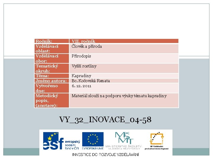 Ročník: Vzdělávací oblast: Vzdělávací obor: Tematický okruh: Téma: Jméno autora: Vytvořeno dne: Metodický popis,