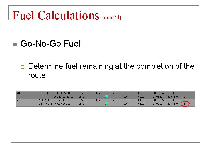 Fuel Calculations (cont’d) n Go-No-Go Fuel q Determine fuel remaining at the completion of Fuel Calculations (cont’d) n Go-No-Go Fuel q Determine fuel remaining at the completion of