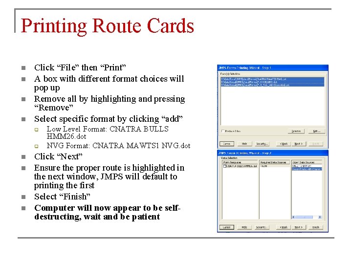 Printing Route Cards n n Click “File” then “Print” A box with different format Printing Route Cards n n Click “File” then “Print” A box with different format