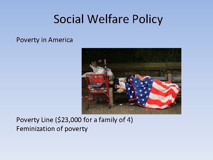 Social Welfare Policy Poverty in America Poverty Line ($23, 000 for a family of