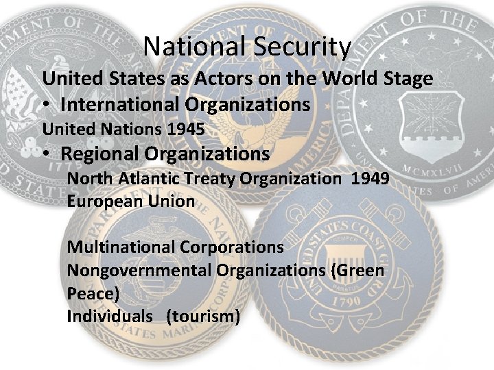 National Security United States as Actors on the World Stage • International Organizations United