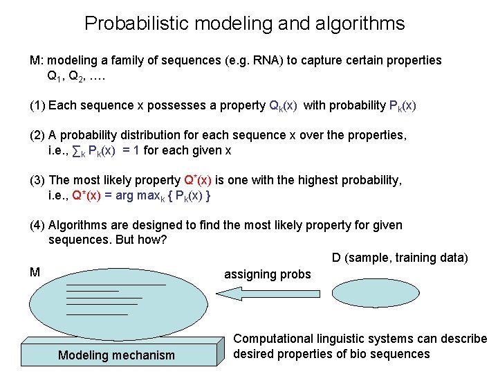 Probabilistic modeling and algorithms M: modeling a family of sequences (e. g. RNA) to