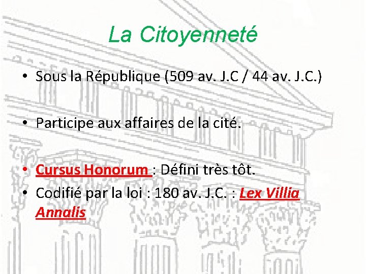 La Citoyenneté • Sous la République (509 av. J. C / 44 av. J.