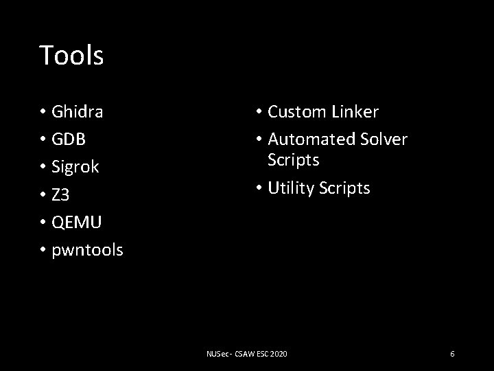 Tools • Ghidra • GDB • Sigrok • Z 3 • QEMU • pwntools