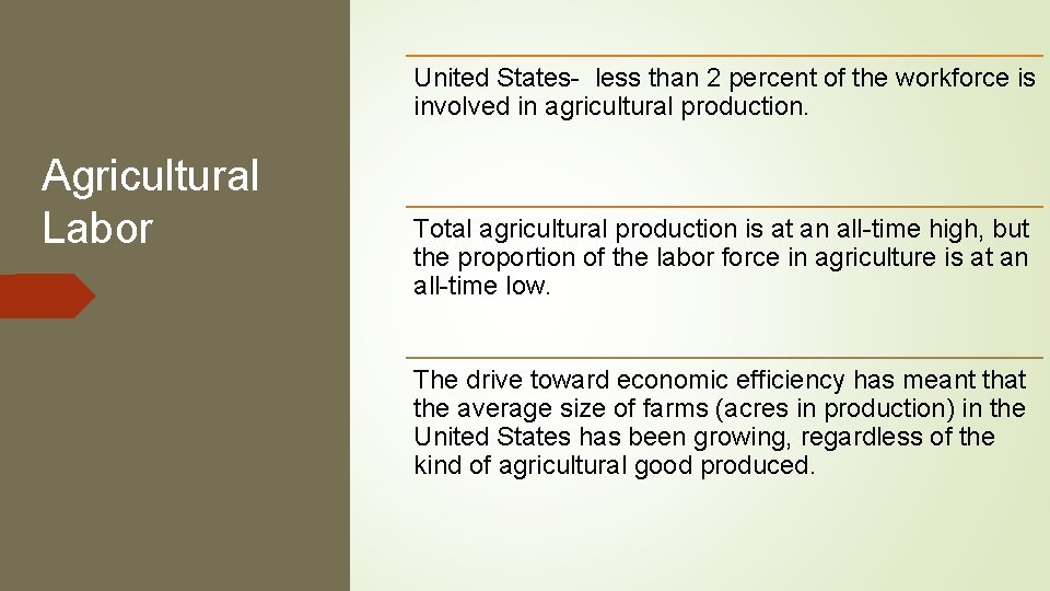 United States- less than 2 percent of the workforce is involved in agricultural production.