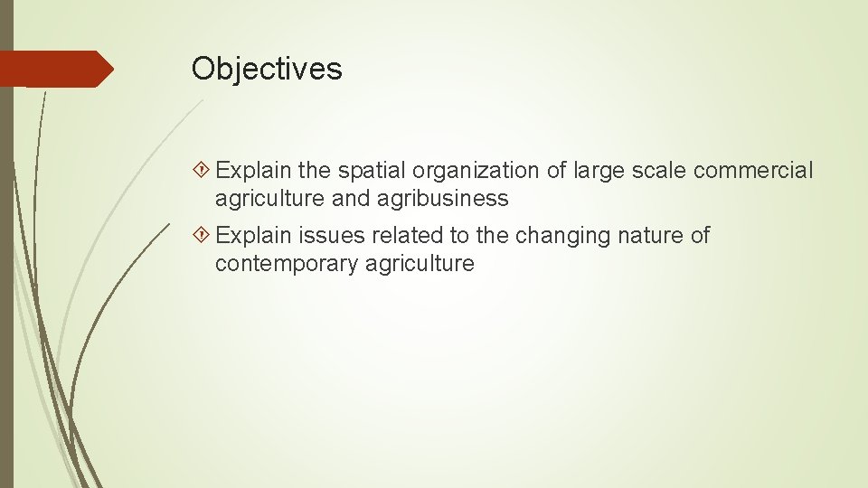 Objectives Explain the spatial organization of large scale commercial agriculture and agribusiness Explain issues