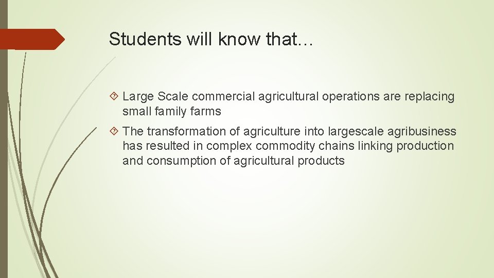 Students will know that… Large Scale commercial agricultural operations are replacing small family farms