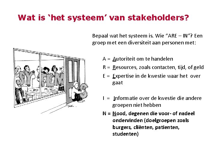 Wat is ‘het systeem’ van stakeholders? Bepaal wat het systeem is. Wie “ARE –
