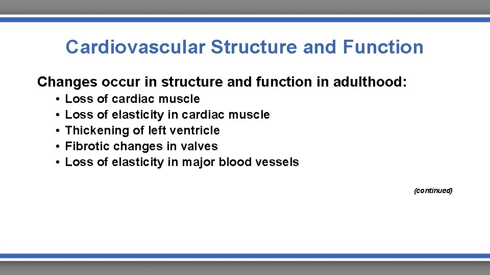 Cardiovascular Structure and Function Changes occur in structure and function in adulthood: • •