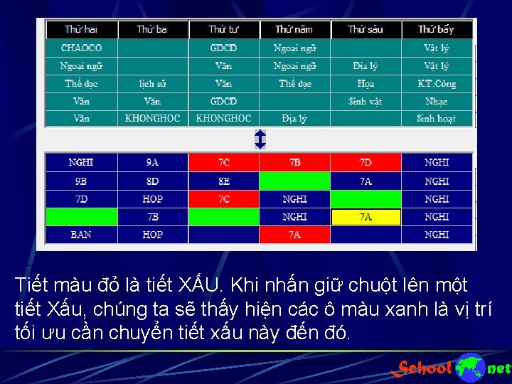 Tiết màu đỏ là tiết XẤU. Khi nhấn giữ chuột lên một tiết Xấu,