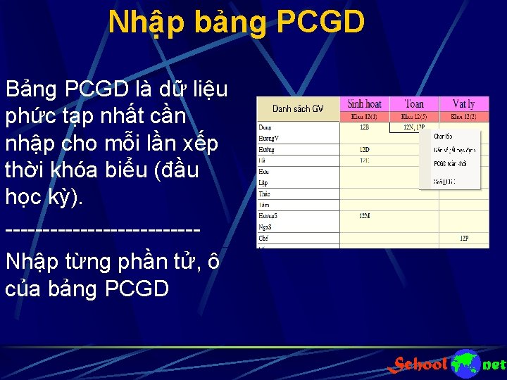 Nhập bảng PCGD Bảng PCGD là dữ liệu phức tạp nhất cần nhập cho