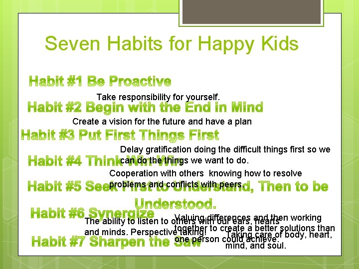 Seven Habits for Happy Kids Take responsibility for yourself. Create a vision for the