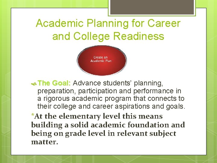 Academic Planning for Career and College Readiness The Goal: Advance students’ planning, preparation, participation