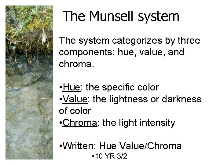 The Munsell system The system categorizes by three components: hue, value, and chroma. •