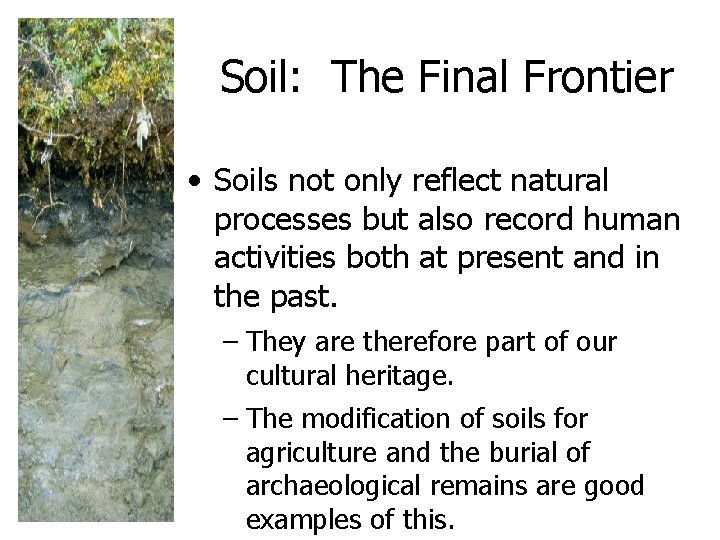 Soil: The Final Frontier • Soils not only reflect natural processes but also record