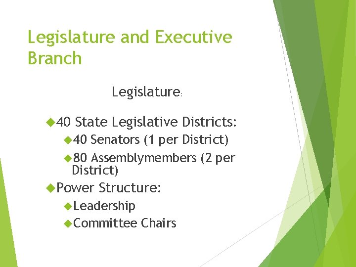 Legislature and Executive Branch Legislature: 40 State Legislative Districts: 40 Senators (1 per District)