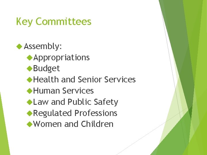 Key Committees Assembly: Appropriations Budget Health and Senior Services Human Services Law and Public