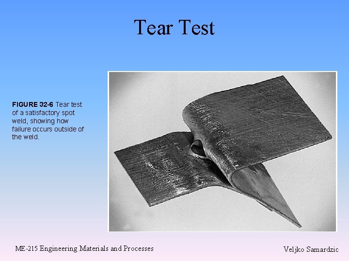Tear Test FIGURE 32 -6 Tear test of a satisfactory spot weld, showing how Tear Test FIGURE 32 -6 Tear test of a satisfactory spot weld, showing how