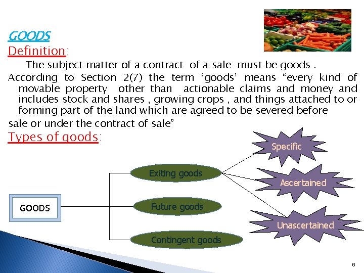 GOODS Definition: The subject matter of a contract of a sale must be goods.