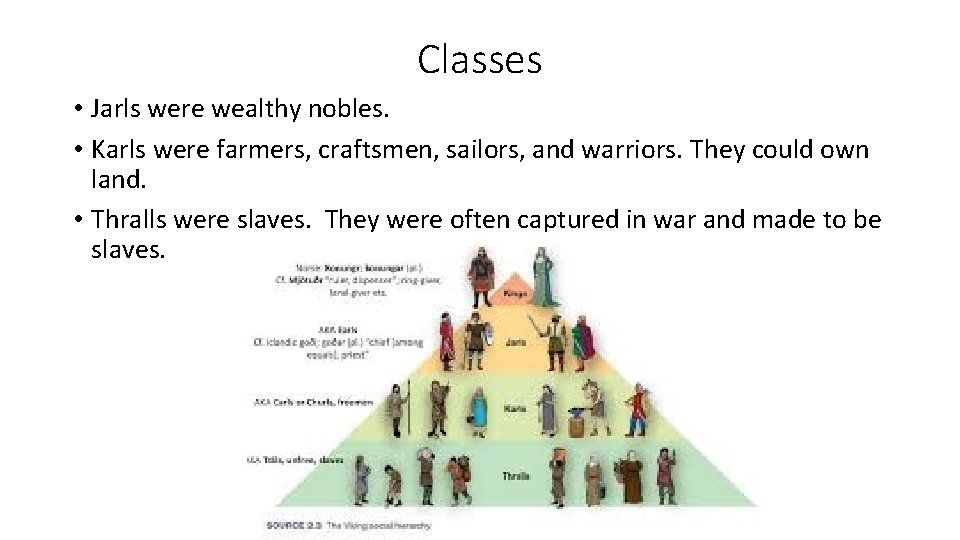 Classes • Jarls were wealthy nobles. • Karls were farmers, craftsmen, sailors, and warriors.