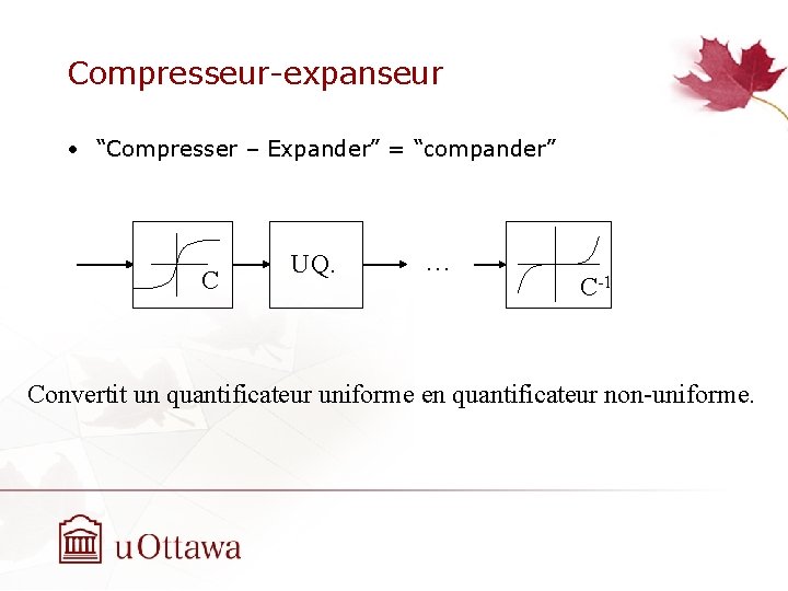 Compresseur-expanseur • “Compresser – Expander” = “compander” C UQ. … C-1 Convertit un quantificateur